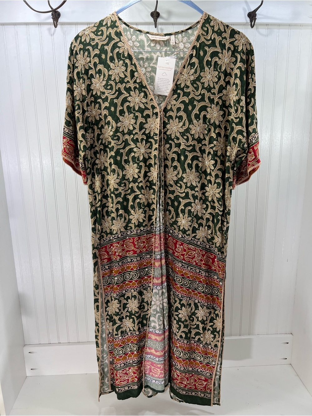 Soft Surroundings Boho Embroidered Sequin Kimono Duster Green Burgundy L